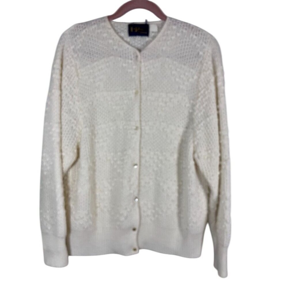 Vintage LeRoy Knit Cardigan XL Cream Classic Preppy Neutral Retro 80s Cozy Chic